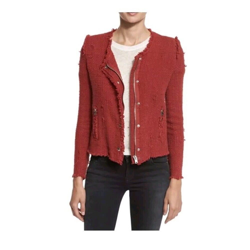 IRO Red Agnette Distressed Tweed Jacket Blazer Size 2 Classy Moto Rock